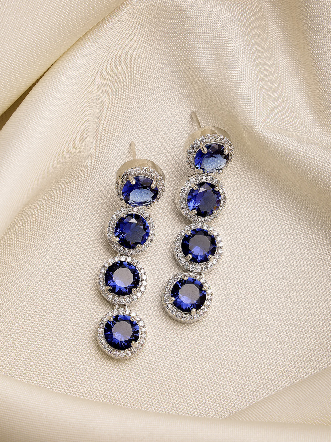 ZENEME Rhodium Plated American Diamond Circular Drop Earrings