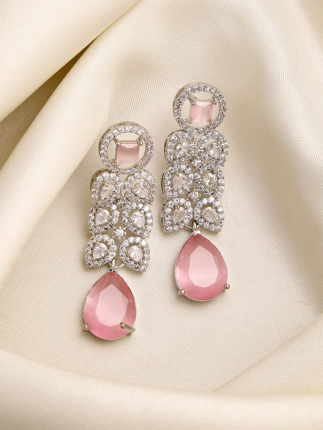ZENEME Rhodium-Plated American Diamond Studded Leaf Shaped Drop Earrings