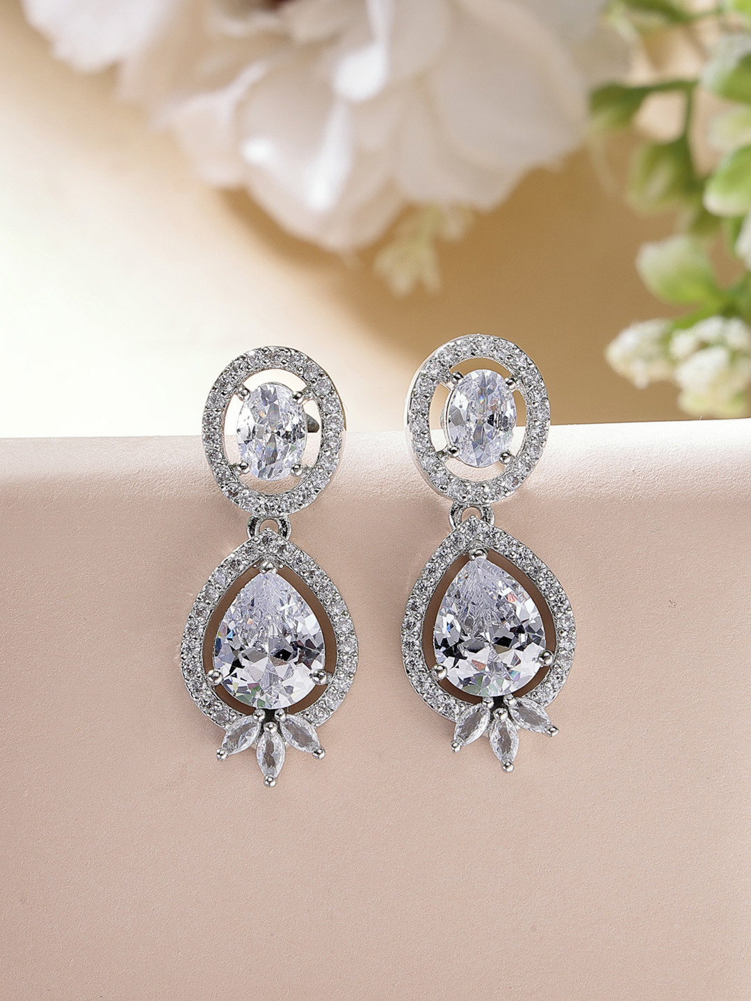 ZENEME Rhodium Plated Teardrop Shaped American Diamond Drop Earrings