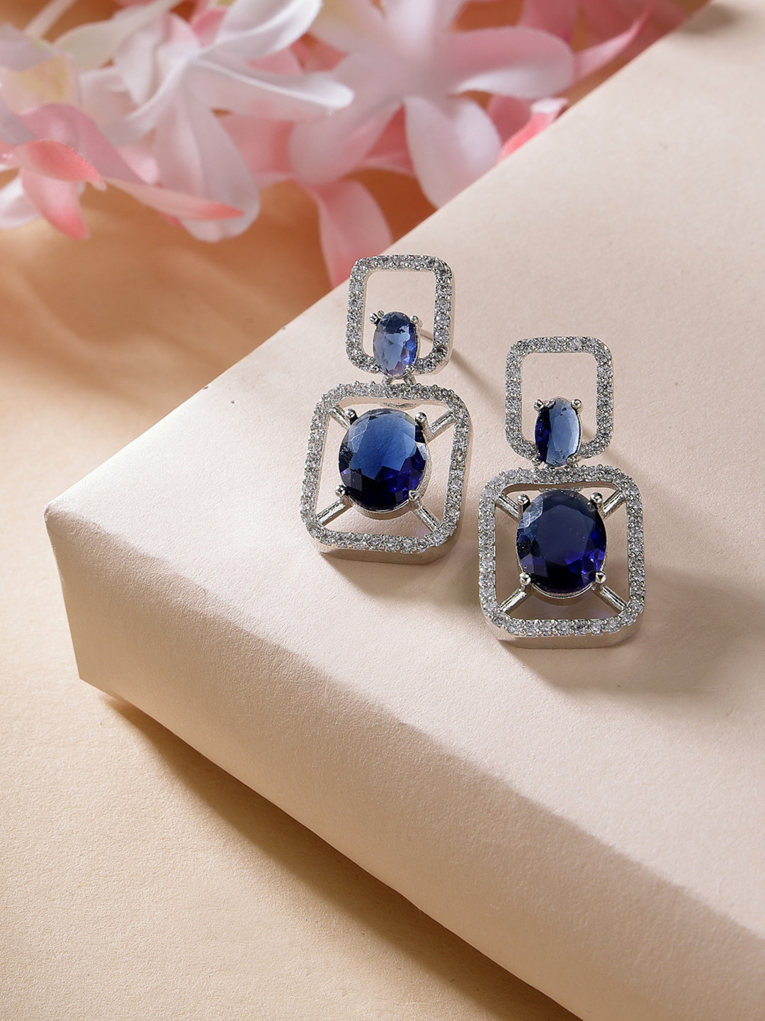 ZENEME Rhodium Plated Geometric American Diamond Studded Drop Earrings