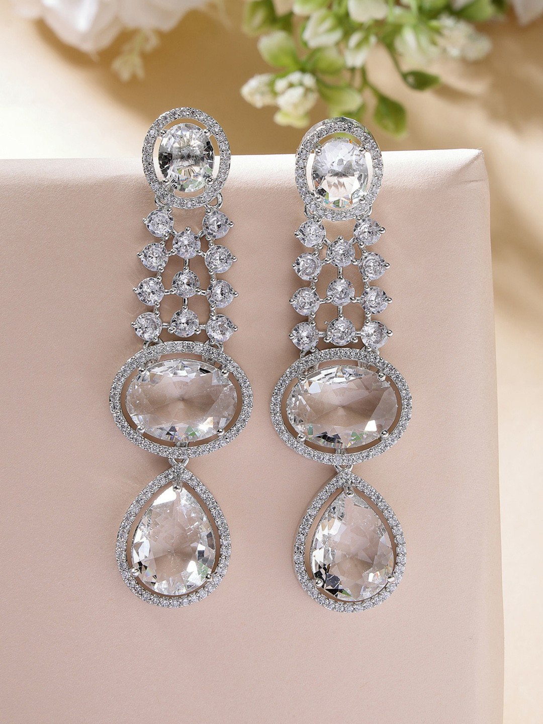 ZENEME Rhodium Plated American Diamond Studded Contemporary Drop Earrings