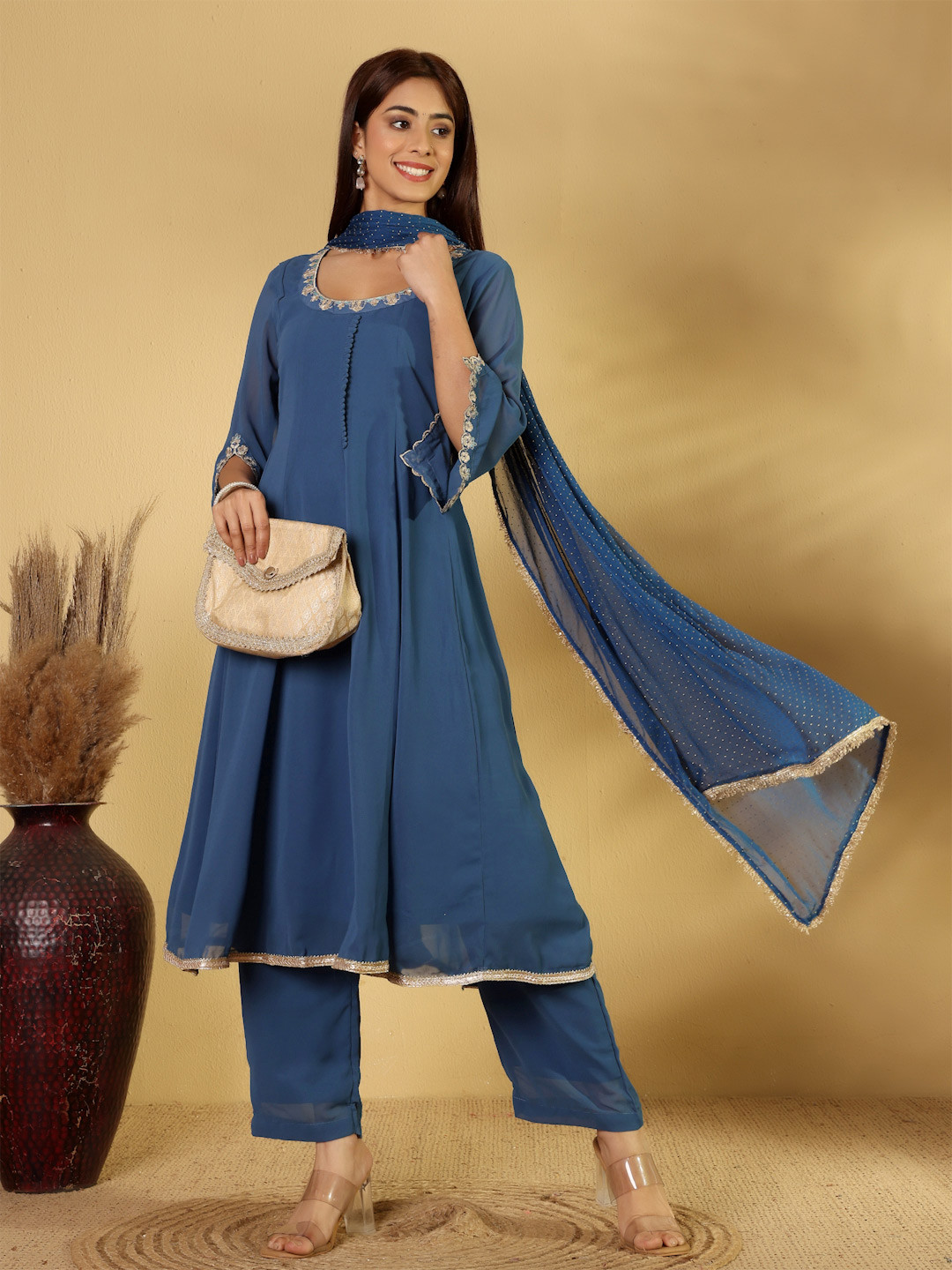 Varanga Women Panelled Thread Work Anarkali Kurta with Palazzos & Fringed Dupatta