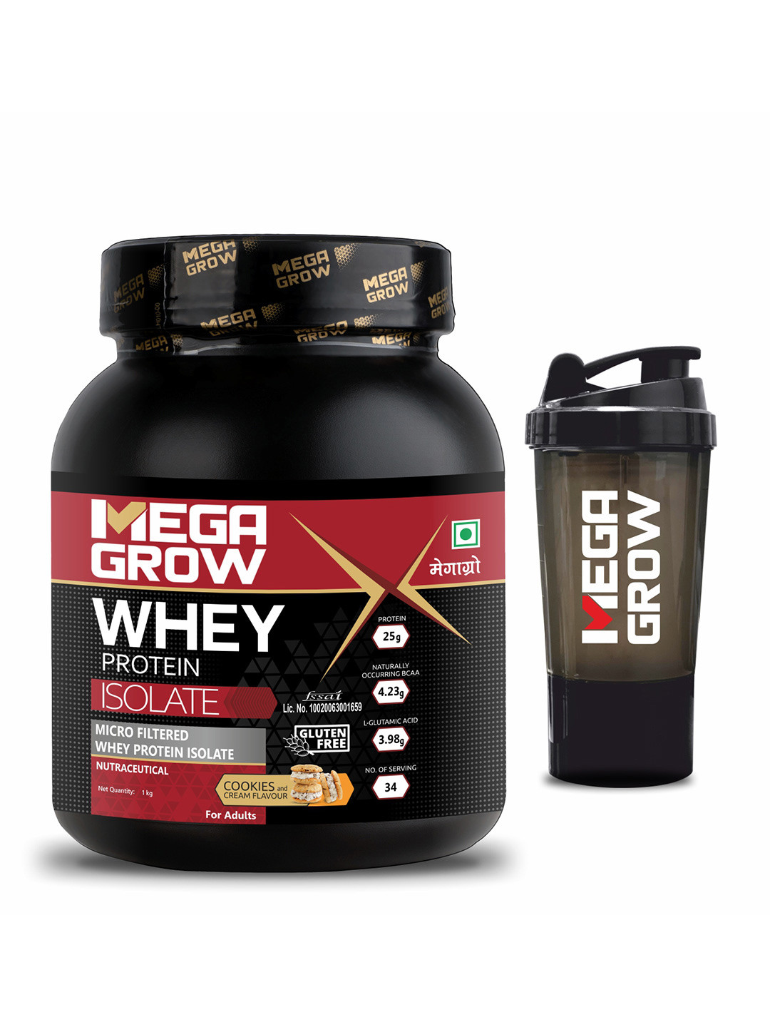Megagrow Isolate Whey Protein Powder With Shaker Cookies & Cream Flavor - 1kg