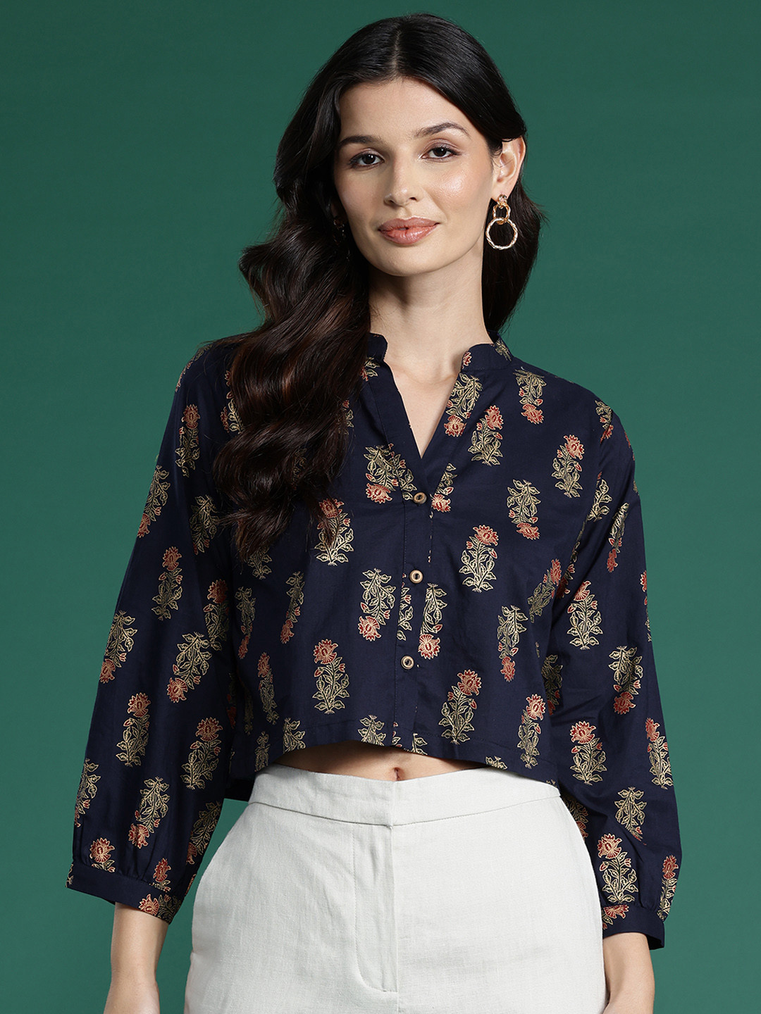 Indo Era Print Mandarin Collar Puff Sleeves Cotton Shirt Style Crop Top