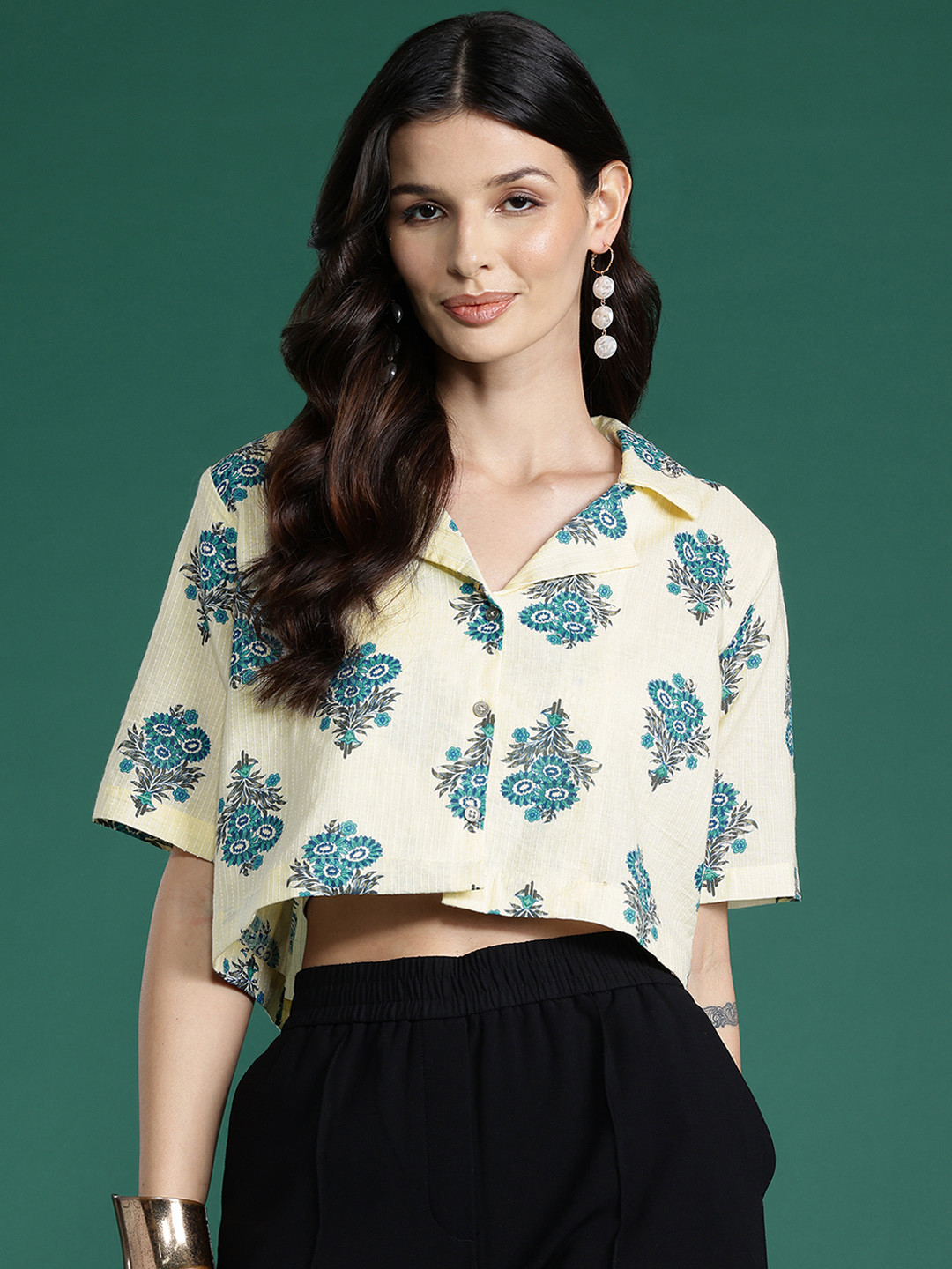 Indo Era Floral Print Block Print Cotton Shirt Style Crop Top