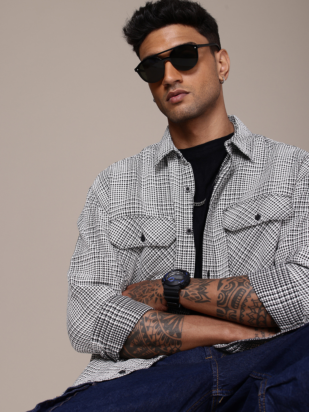 The Roadster Life Co. Pure Cotton Checked Drop-Shoulder Sleeves Relaxed Fit Casual Shacket