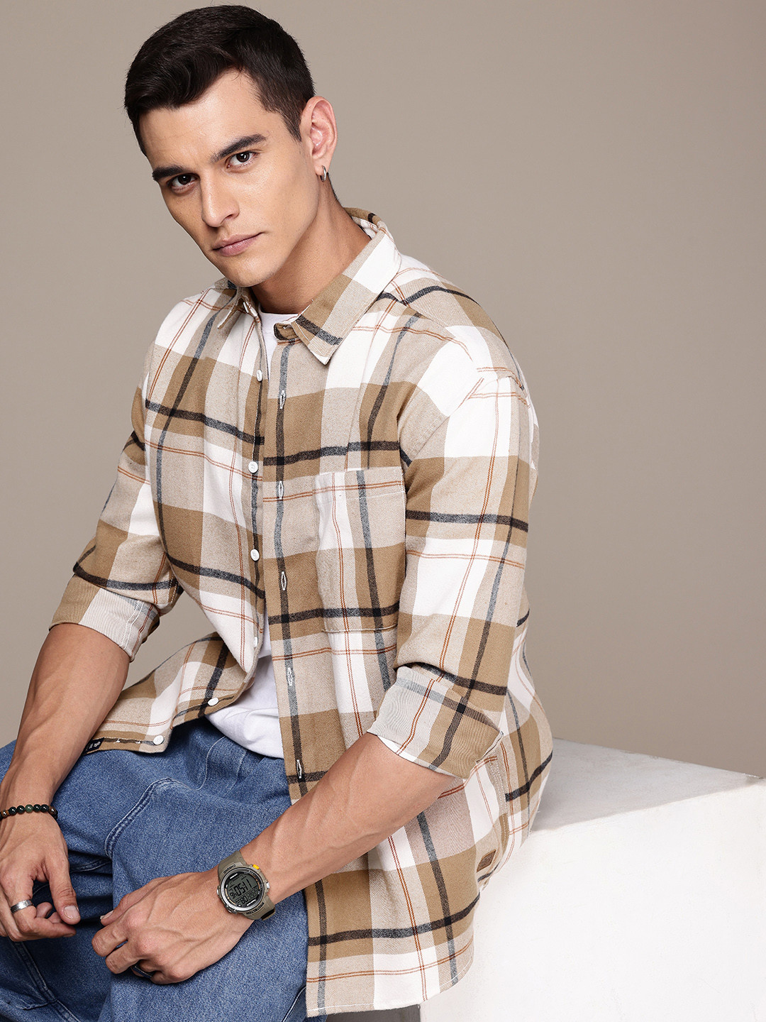 The Roadster Life Co. Relaxed Fit Opaque Checked Pure Cotton Casual Shacket