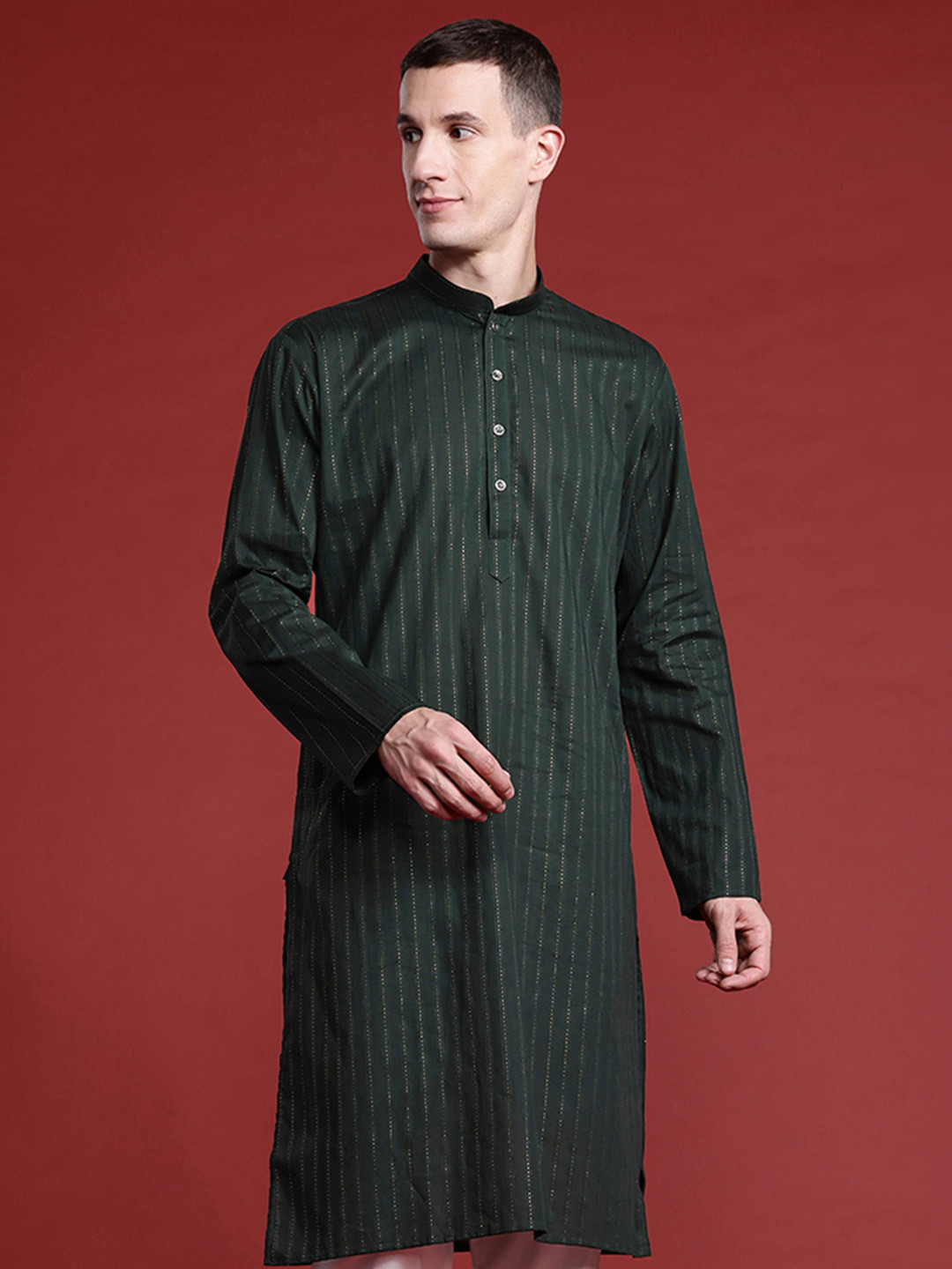 MANQ Men Striped Kantha Work Pure Cotton Kurta with Pyjamas