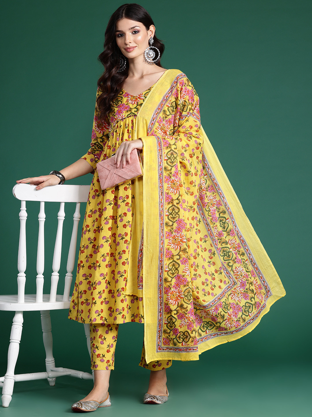 Indo Era Floral Printed Empire Gotta Patti Pure Cotton Kurta With Trousers & Dupatta