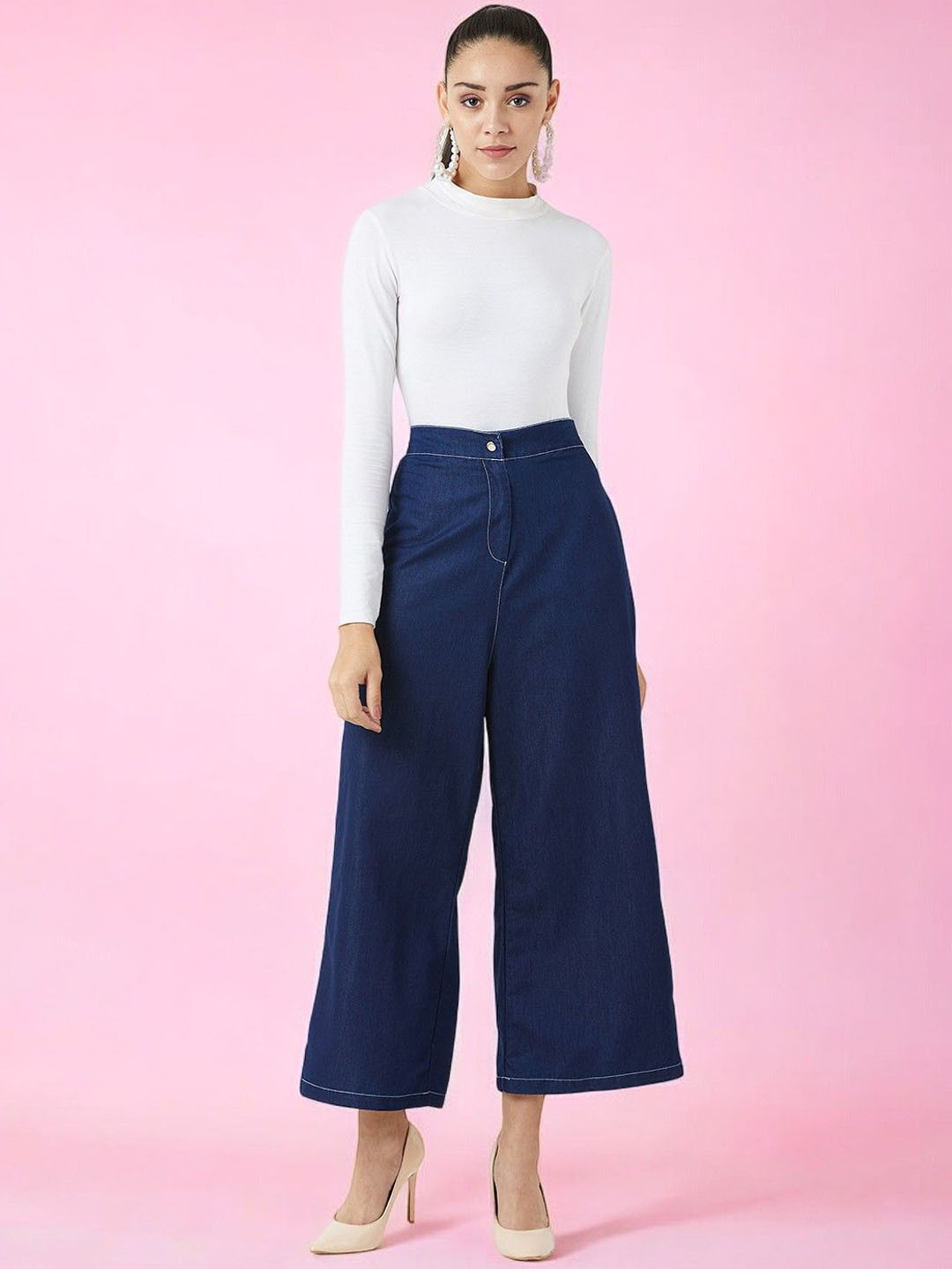 DressBerry Women Wide-Leg High Rise Clean Look Regular Length Light Weight Denim Pants