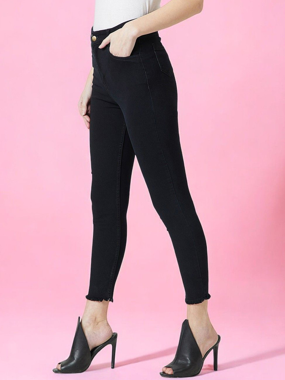 DressBerry Women's Skinny Fringed Detail High Rise Cropped Stretchable Denim Jeans