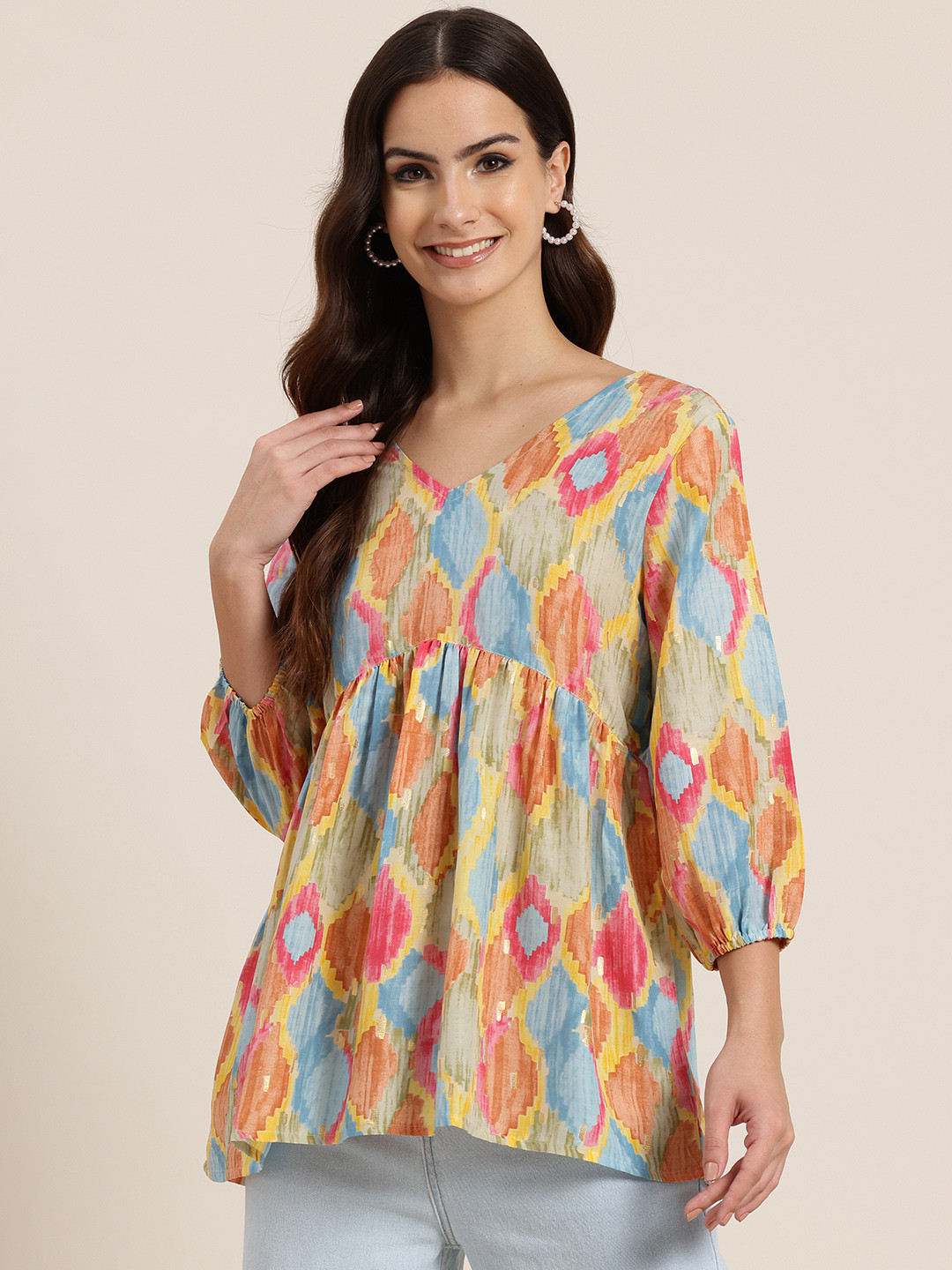 HERE&NOW Printed Puff Sleeves Empire Short Kurti