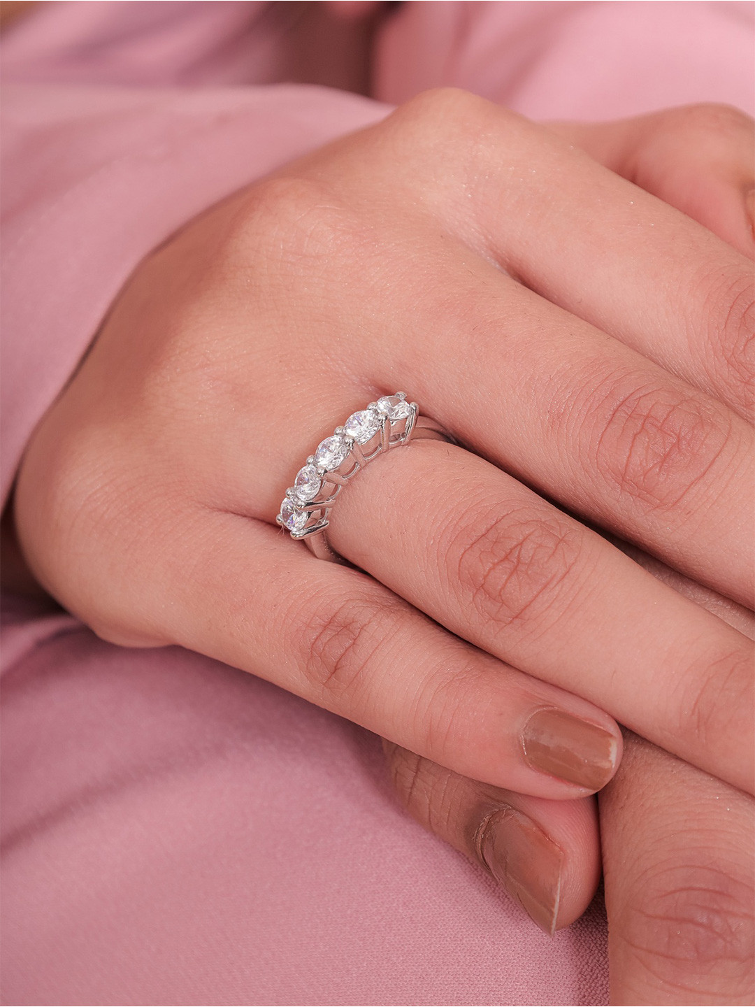 STERLYN 925 Sterling Silver Ring Rhodium-Plated CZ-Studded  Eternity Finger Ring