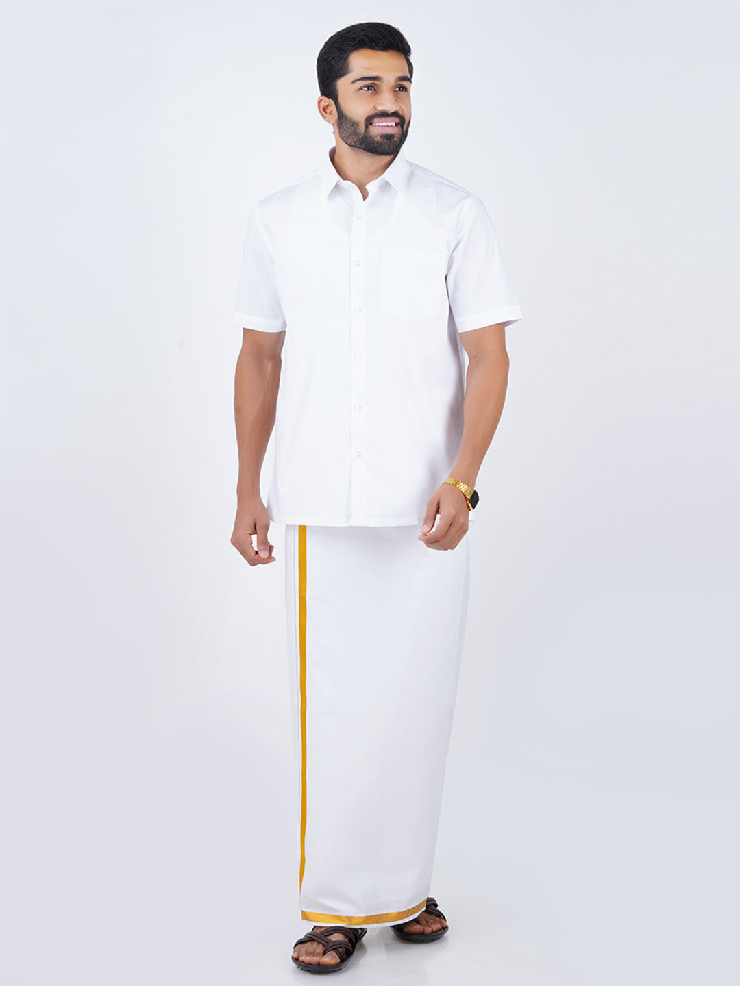 Ramraj Men Solid Shirt with Gold Border Dhoti