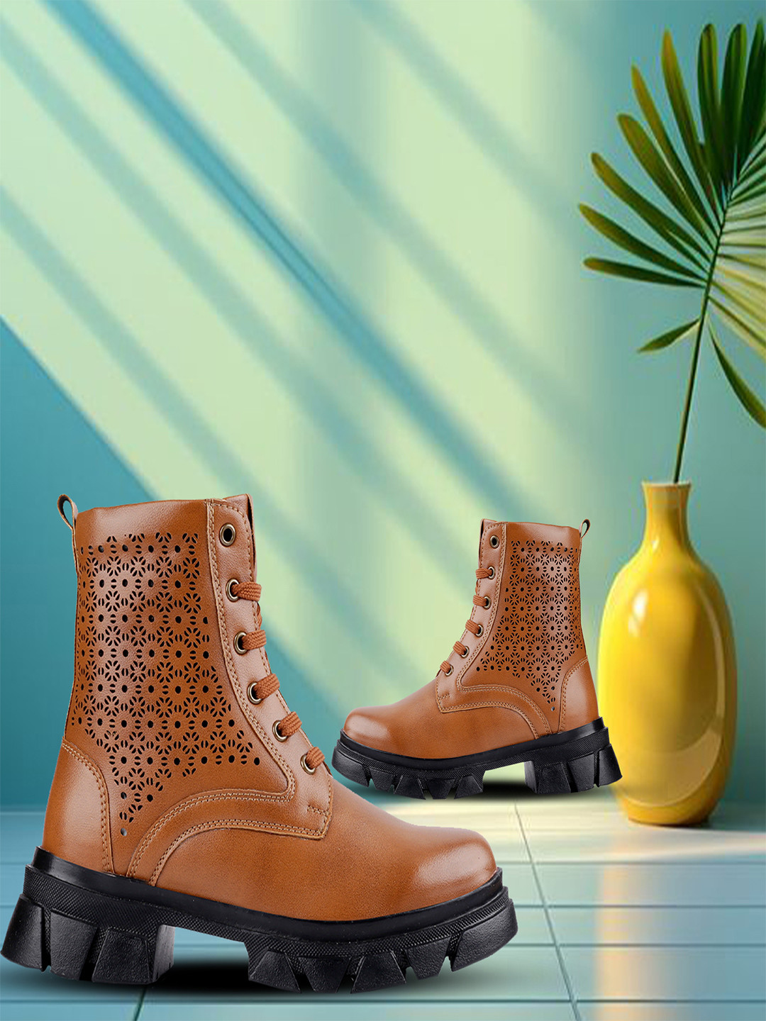 Bxxy Women Textured Platform Heel Lace-up Boots