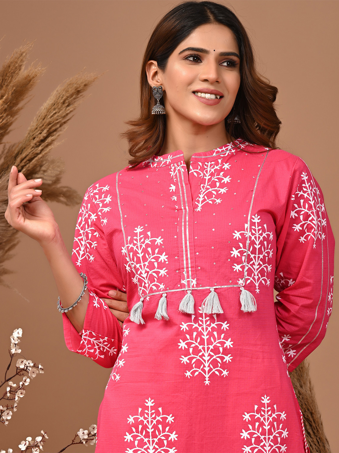 Rimeline Floral Printed Mandarin Collar Pure Cotton Straight Kurta