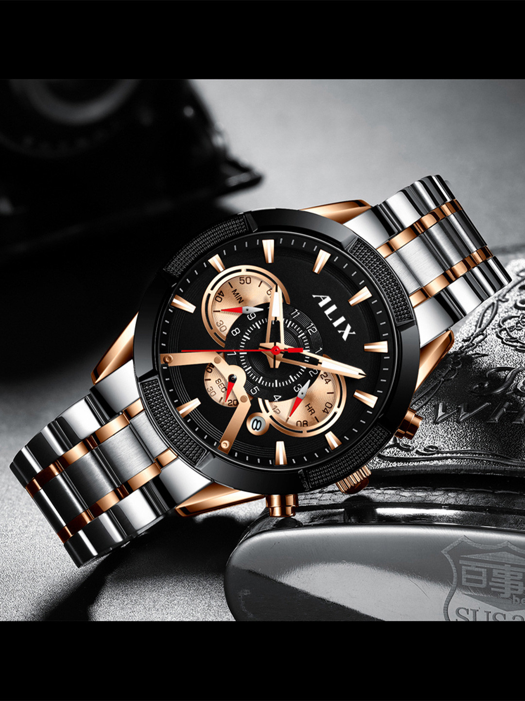 ALIX Men Brass Patterned Dial & Stainless Steel Bracelet Style Straps Analogue Chronograph Watch AL3012S