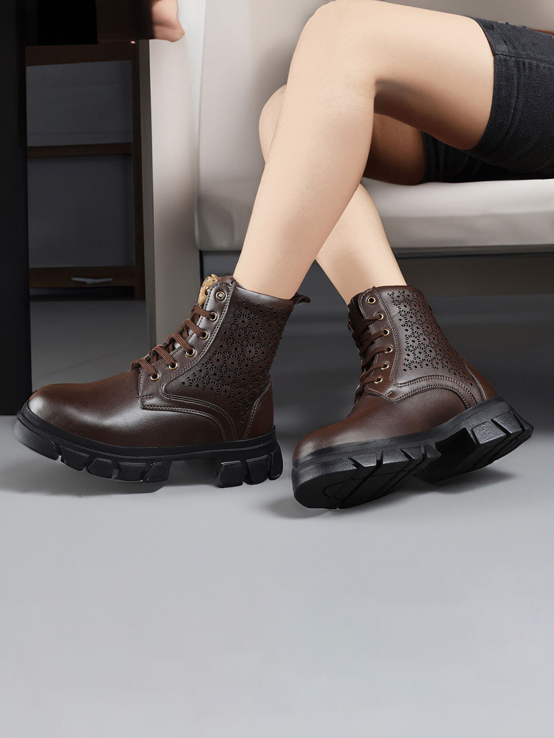 Bxxy Women Textured Platform Heel Lace-up Boots
