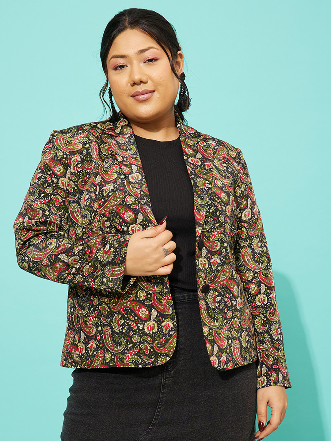QUIERO MAS Luna Plus Size Tailored Fit Printed Notched Lapel Collar Single Breasted Blazer