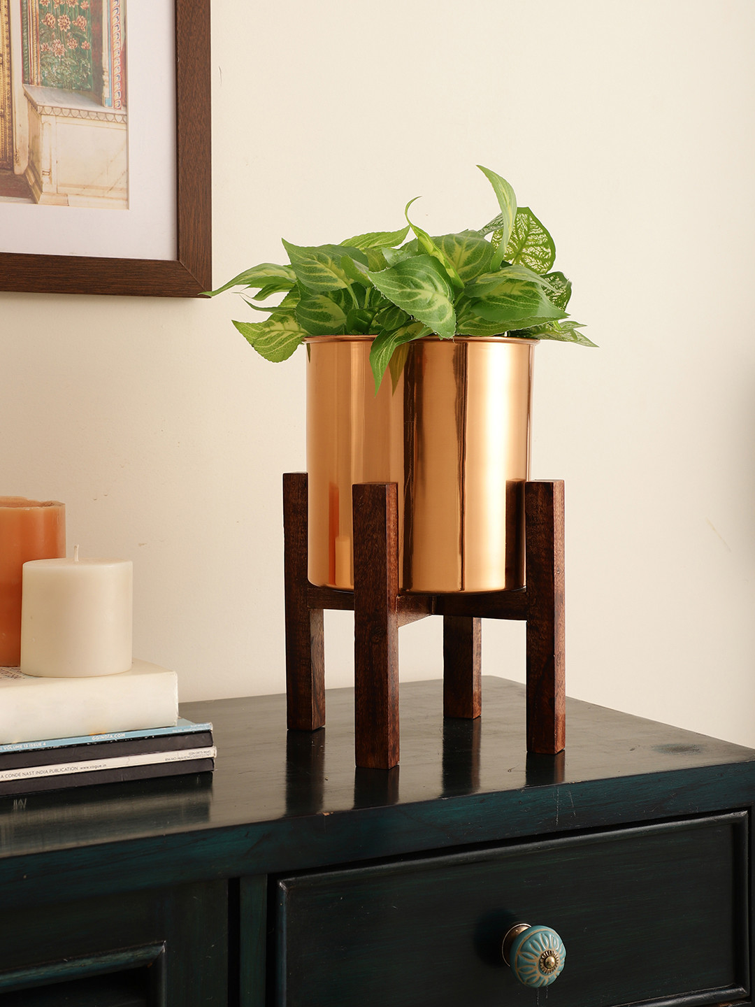 Maison Modern Copper-Toned 2 Pieces Stainless Steel Planter With Wooden Arbor