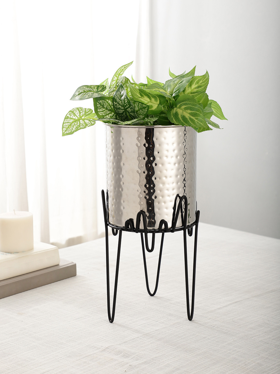 Maison Modern Ziggy Flora Silver-Toned Textured Stainless Steel Planter With Stand