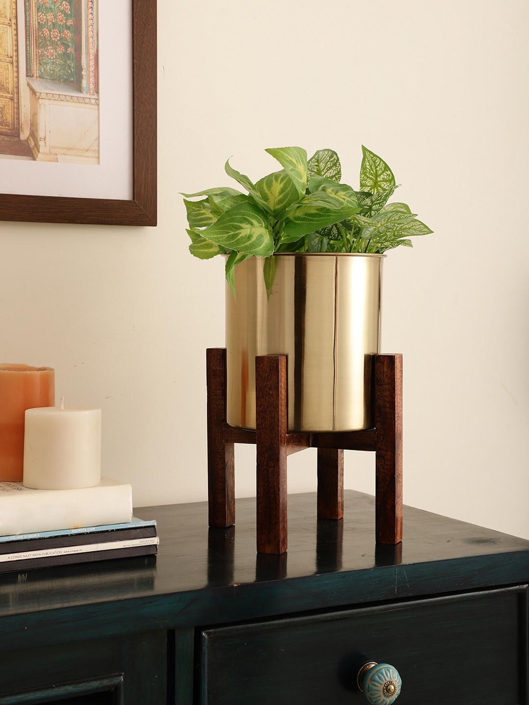 Maison Modern Gold-Toned Stainless Steel Planter With Wooden Arbor