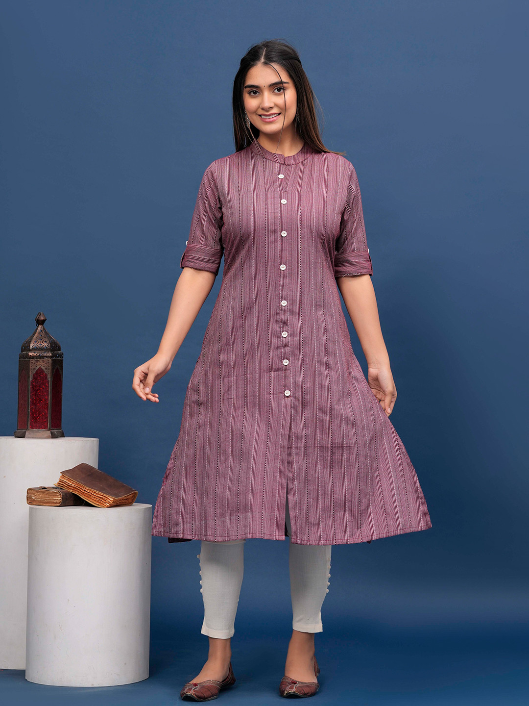 HEARTLOOM Striped Pure Cotton A-Line Kurta