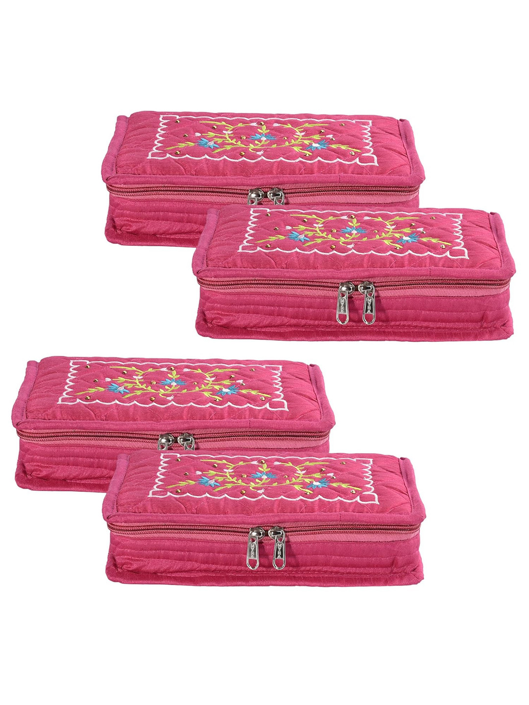 Kuber Industries Pink 4 Pieces Self Design Embroidery 7 Compartment  Jewellery Organiser