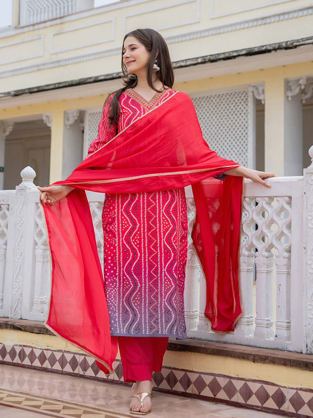 KALINI Bandhani Embroidered V-Neck Zari Straight Kurta With Trousers & Dupatta