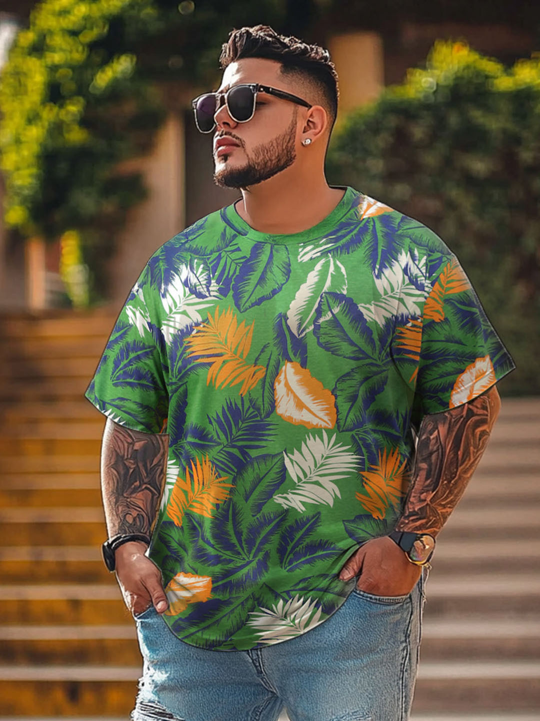 VEIRDO Men Plus Size All Over Printed Drop-Shoulder Sleeves Pure Cotton Oversized T-shirt