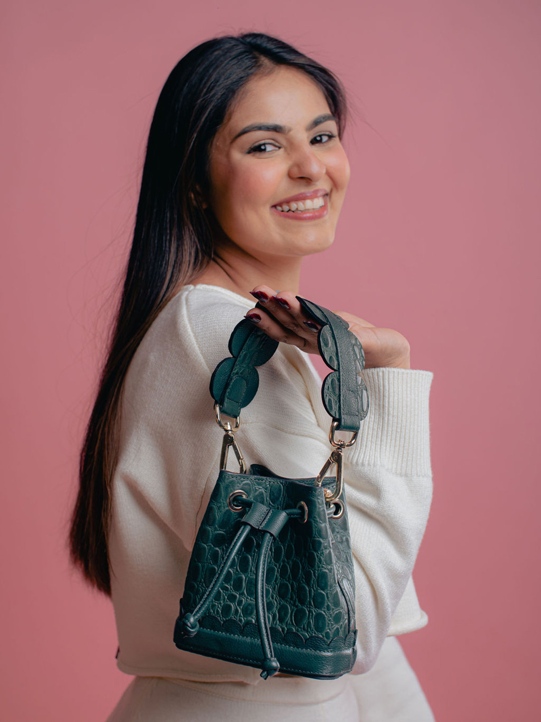 And Also Textured Leather Bucket Sling Bag