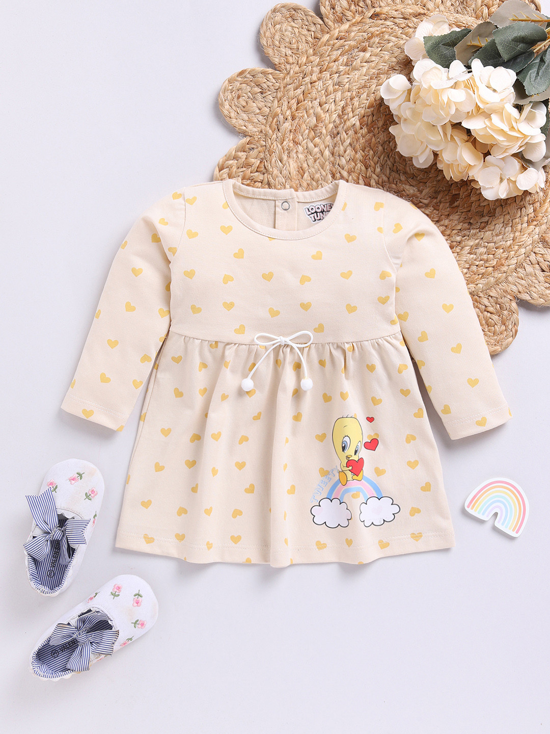 YK X Tinyo Infant Girls Tweety Printed Bow Detail Flared Dress