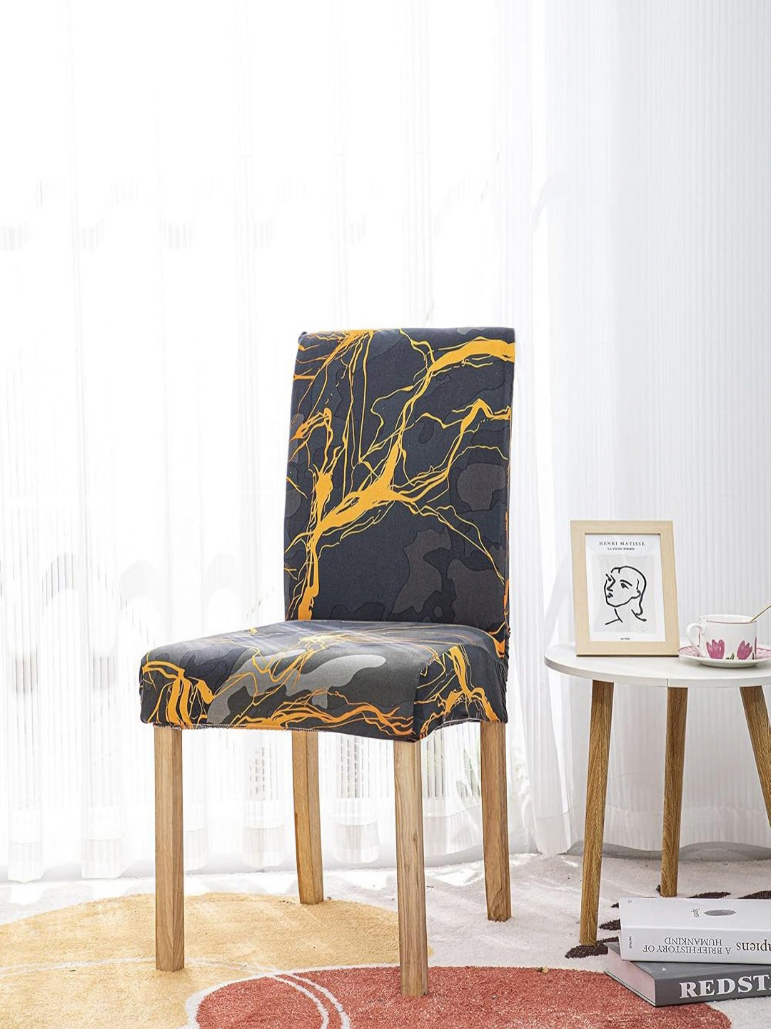 HOUSE OF QUIRK Grey & Yelow 4 Pieces Printed Stretchable Chair Covers