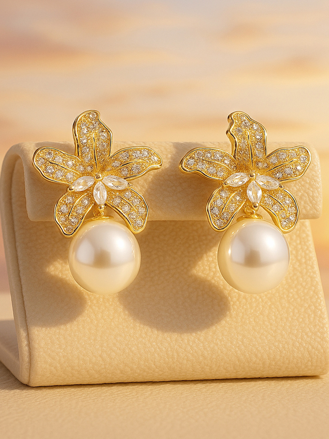 Rubans 22K Gold Plated American Diamond & Cubic Zirconia Floral Pearls Drop Earrings