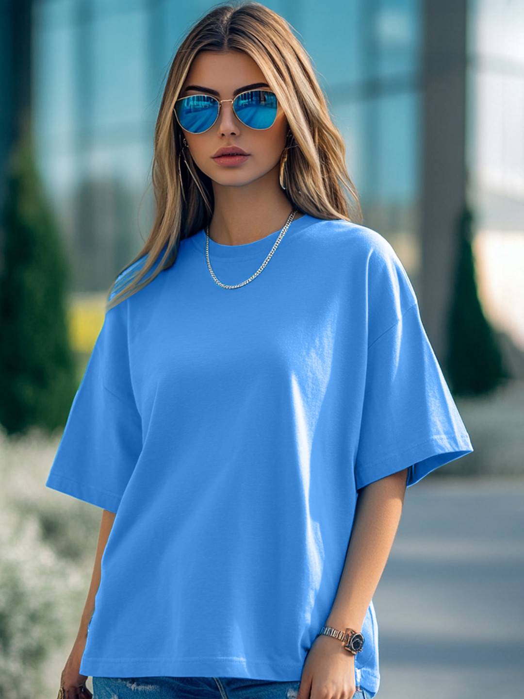 JUNEBERRY Women Azure Blue Solid Relaxed Fit Pure Cotton Oversized Plus Size T-Shirt