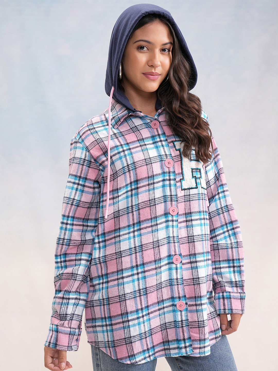 Tokyo Talkies Women Mui Check Button-Down Embroider OverOversized Shirt