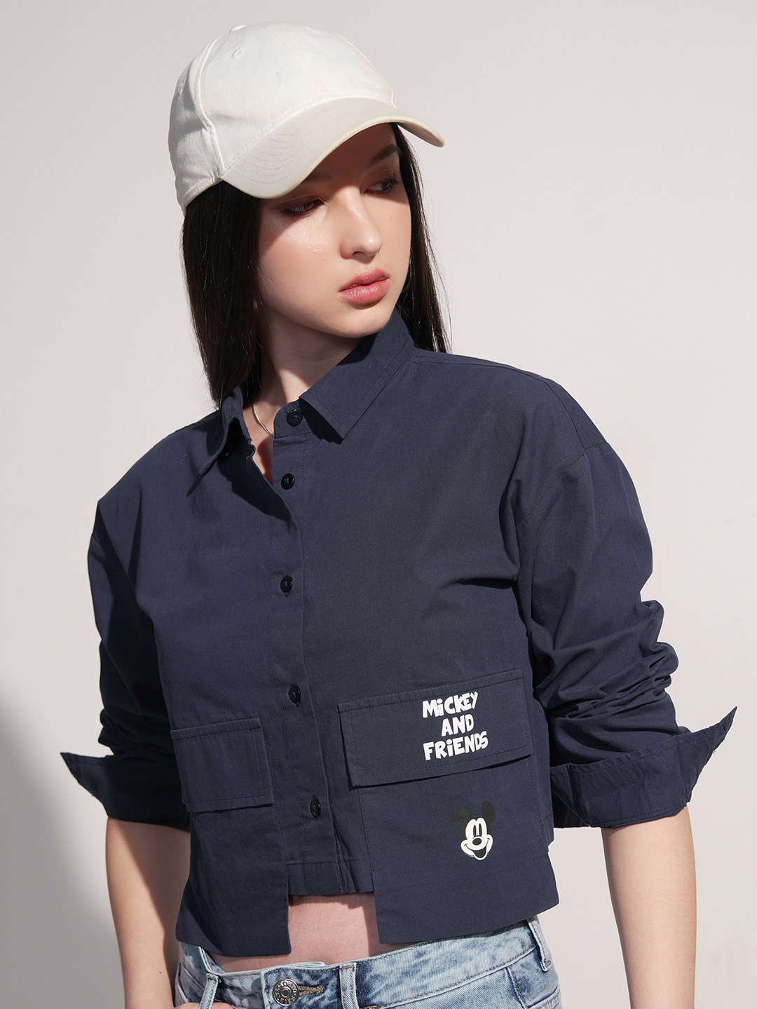 Tokyo Talkies Disney Women Navy Mickey & Friends Printed Boxy Crop Shirt