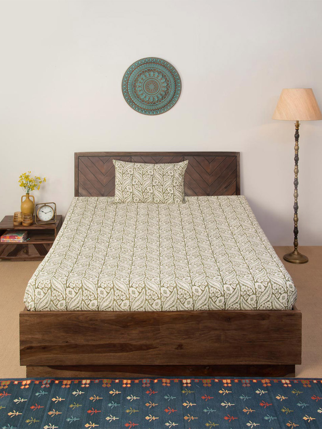 Fabindia Grey Floral Cotton 124 TC Single Bedsheet with a Pillow Cover-59 x 98 inches