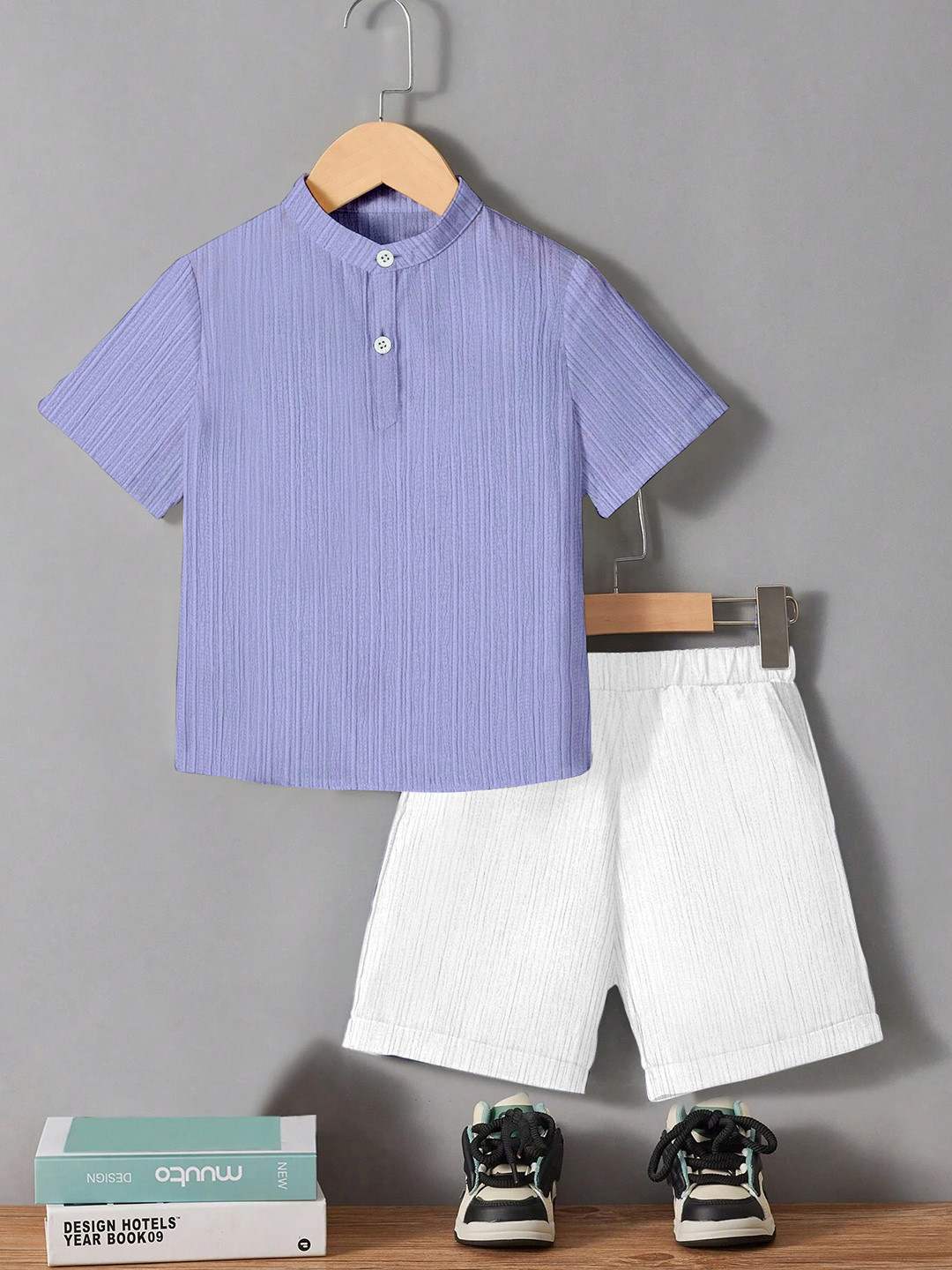 OMPAX Boys Self Design Mandarin Collar Shirt With Shorts