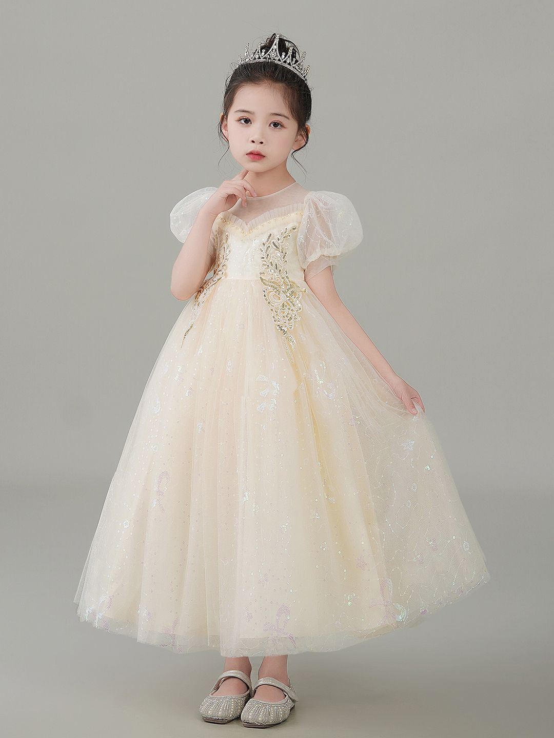 JC SPARKLE Girls Embellished Puff Sleeve Maxi Dress