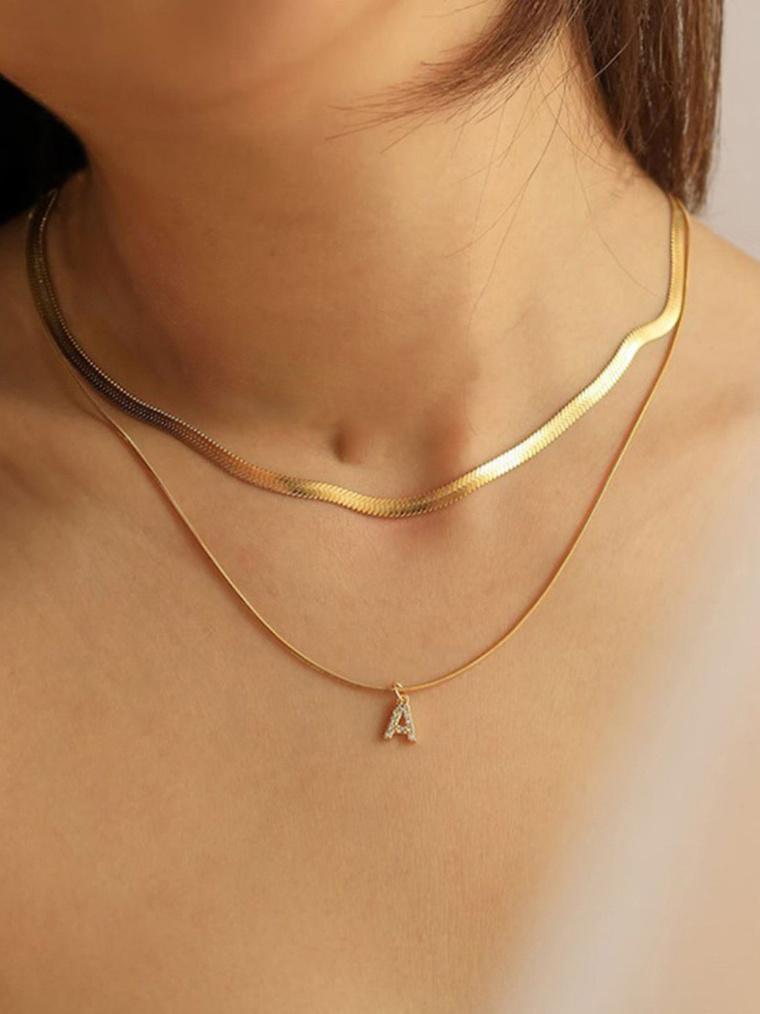 AQUASTREET 18K Gold Plated Anti-Tarnish Initial Letter A Zircon Pendant Layered Necklace