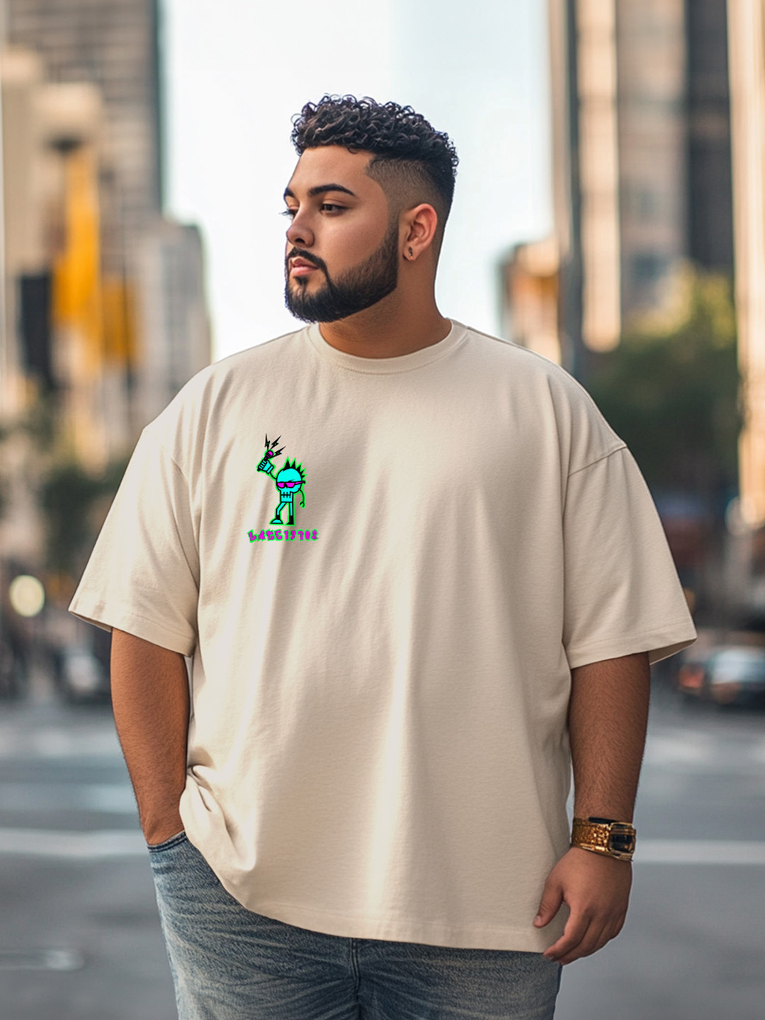 VEIRDO Men Plus Size Pocket Printed Drop-Shoulder Sleeves Pure Cotton Oversized T-shirt