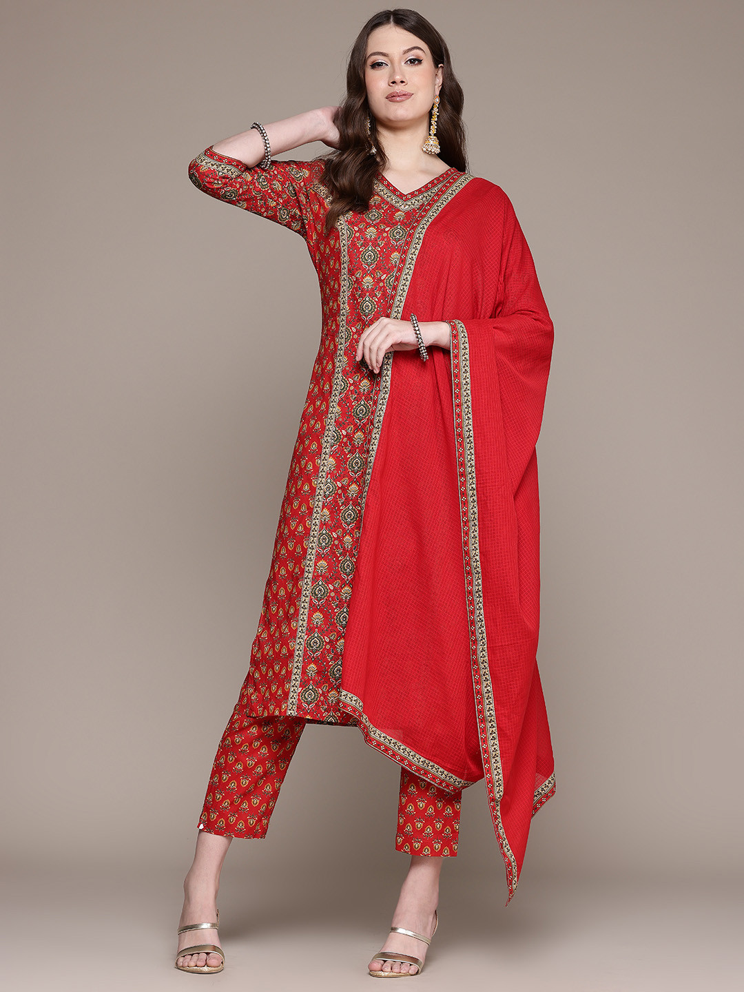 Readiprint Floral Printed Aari Work Pure Cotton Kurta with Trousers & Dupatta