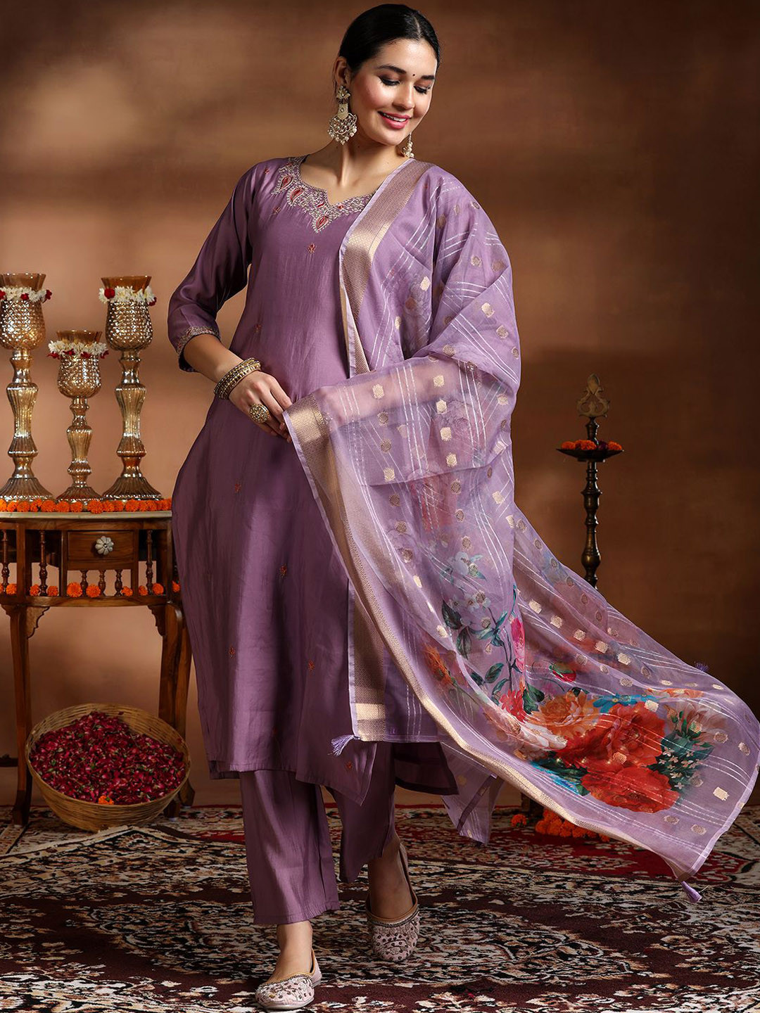 Libas Floral Embroidered Zari Straight Kurta With Trousers & Dupatta