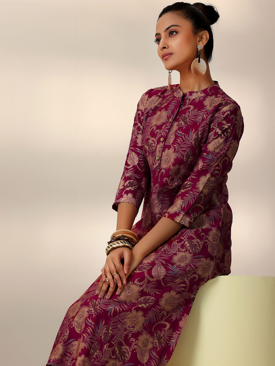 Libas Maroon Floral Printed Mandarin Collar Tunic & Salwar