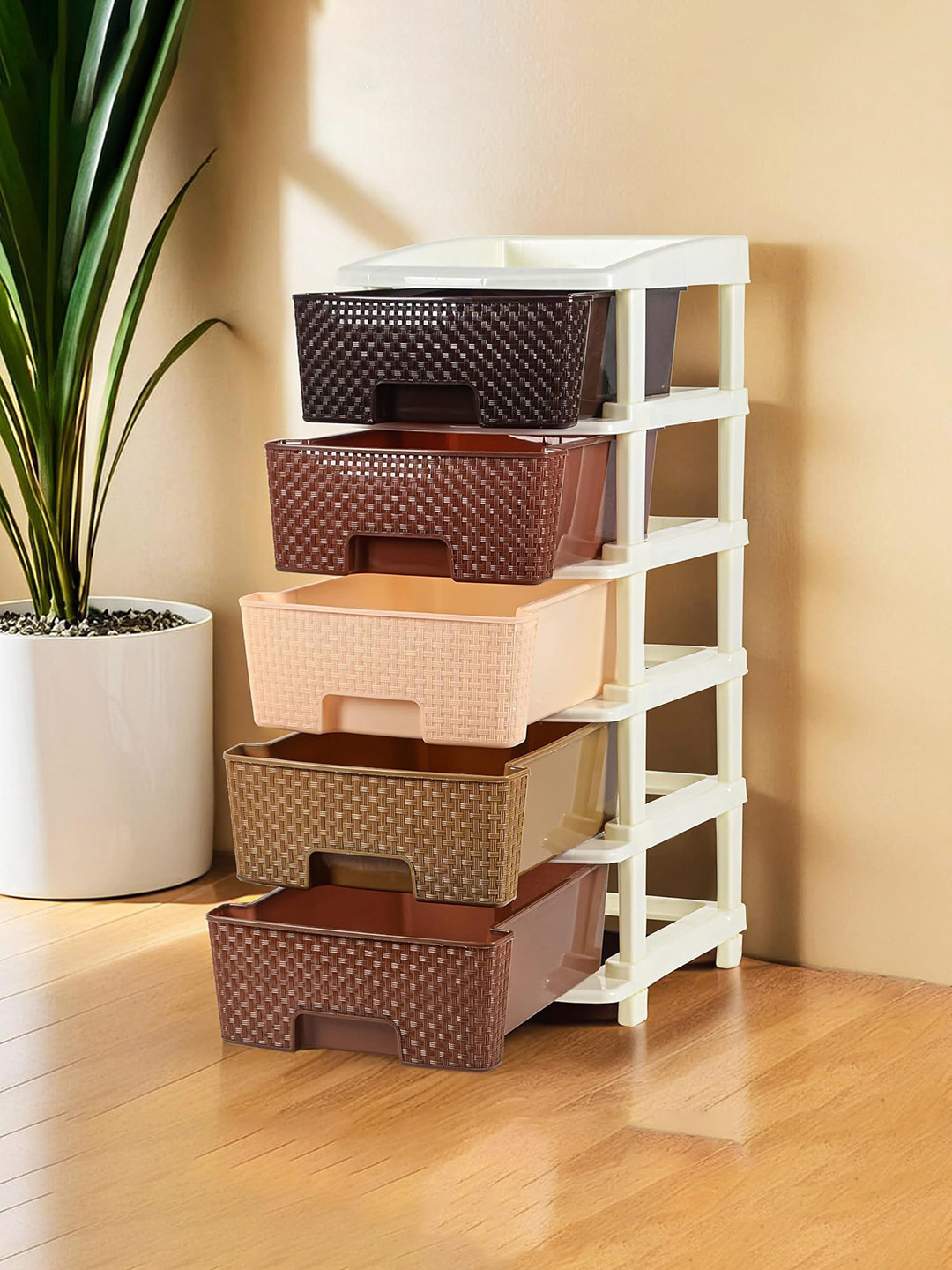 Kuber Industries Brown & Cream-Coloured 5-Layer Drawer Storage Organiser-92 Ltr