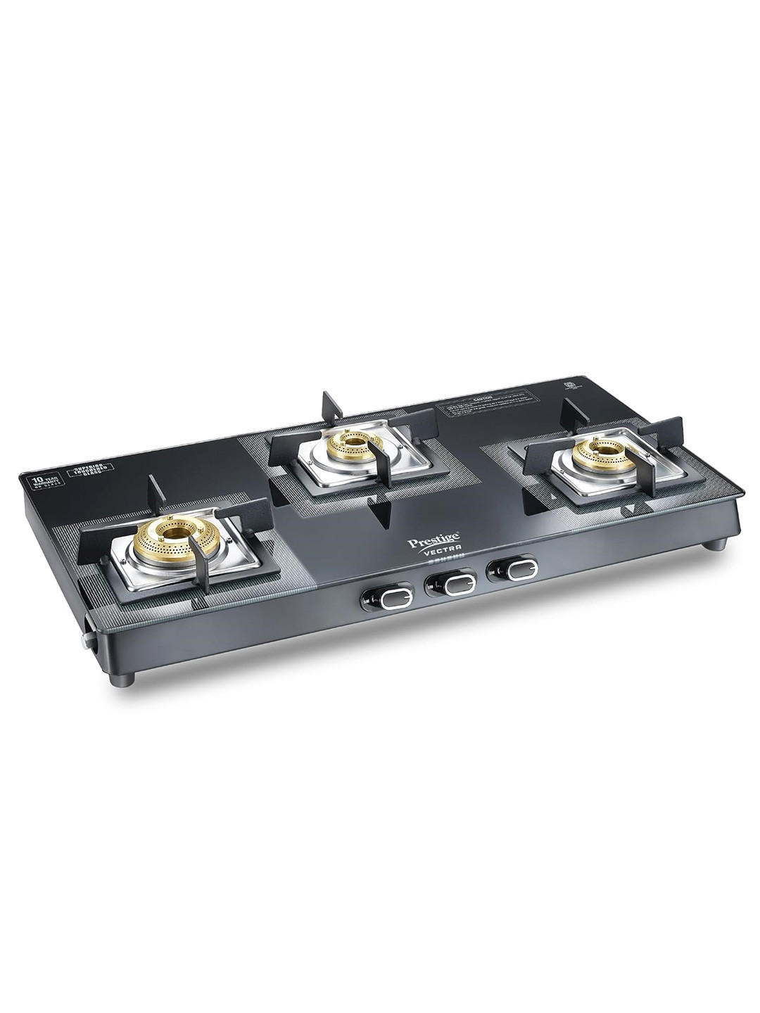 Prestige Vectra Black 3 Burner Glass Manual Gas Stove With Cleaning Stand & Holder