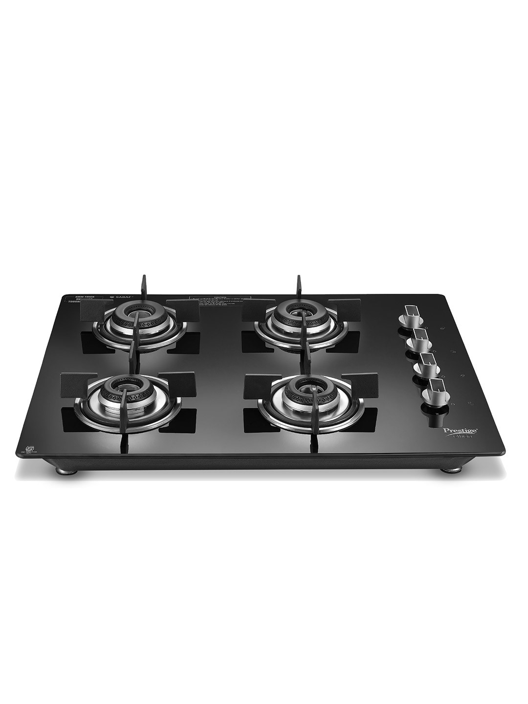 Prestige Efficia Black 4 Burner Glass Automatic Gas Stove With Cleaning Stand & Holder