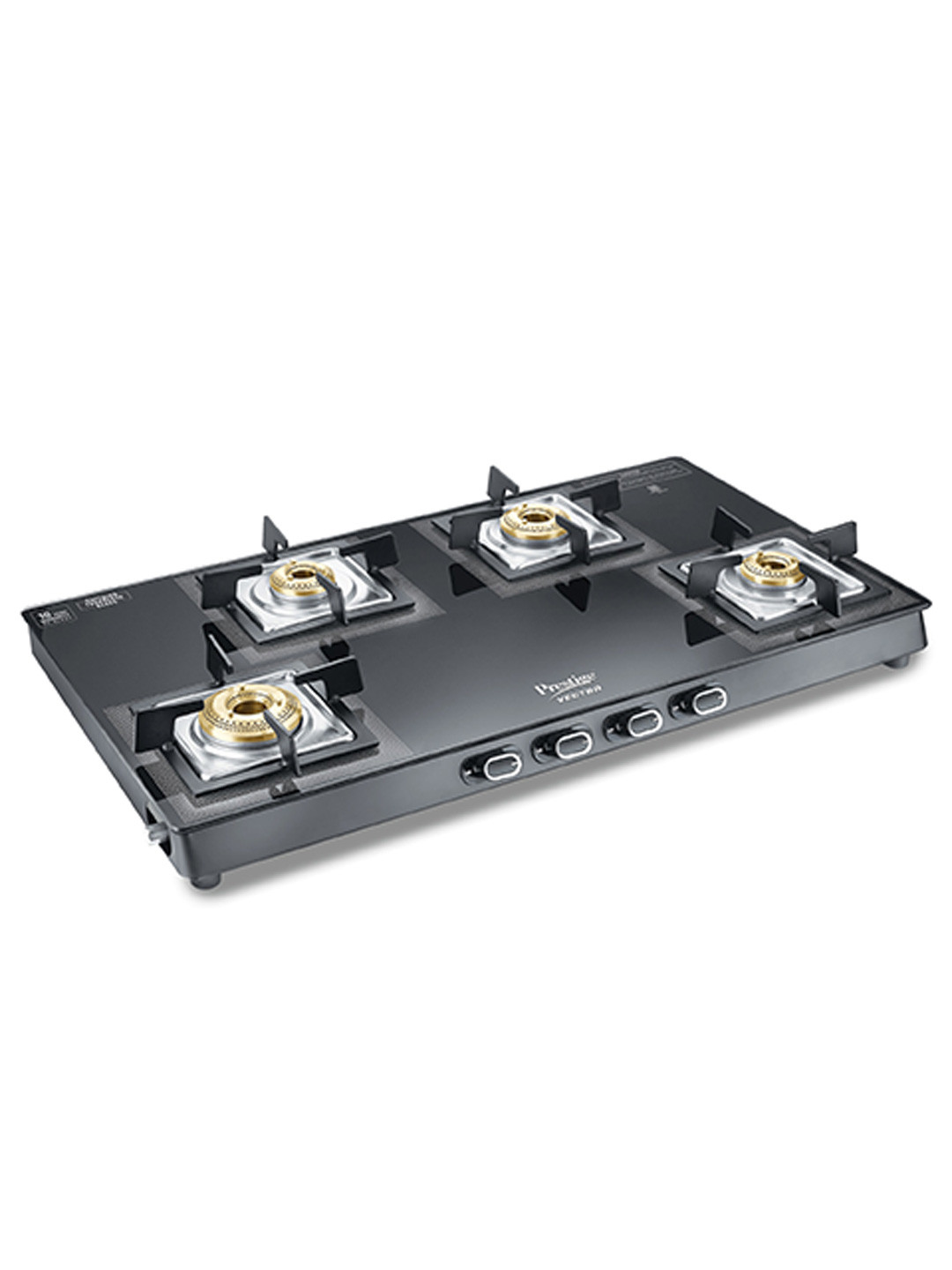 Prestige Vectra Black 4 Burner Glass Manual Gas Stove With Cleaning Stand & Holder