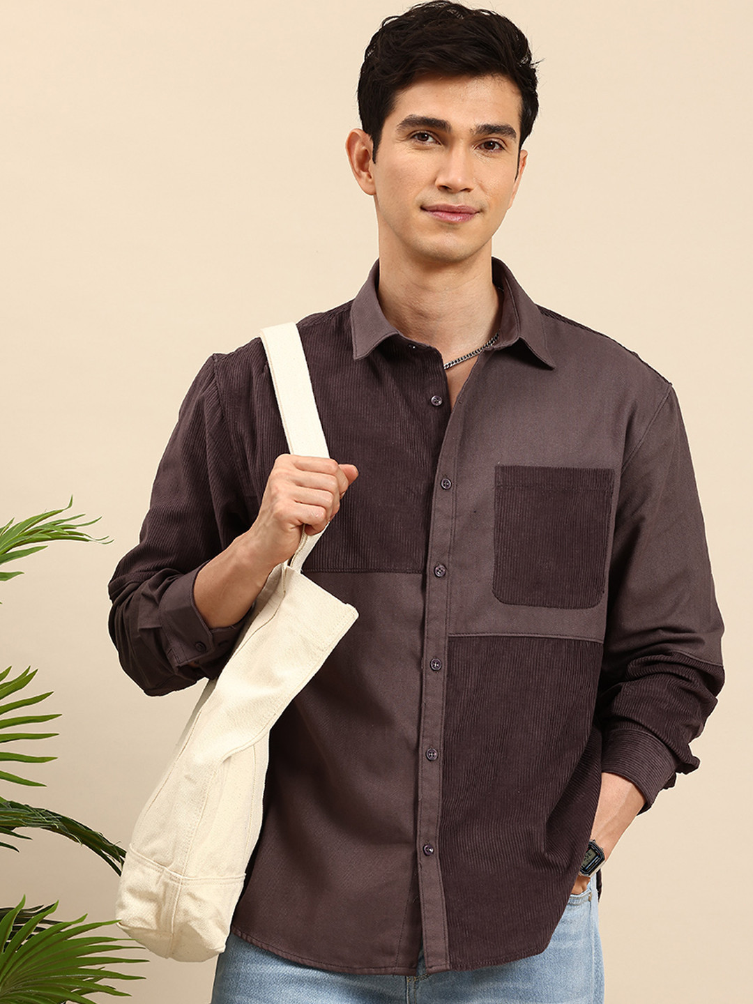 Mast & Harbour Corduroy Relaxed Fit Pure Cotton Colourblock Casual Shirt